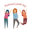 Joyful girls celebrating national youth day. Vector cartoon illustration