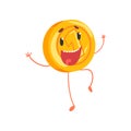 Joyful golden coin jumping with hands up. Cartoon money character with legs and arms. One cent or penny icon in flat