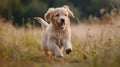 Joyful Golden Retriever Puppy Galloping in Sun-Kissed Fields - Pure Bliss Generative AI