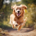 Joyful Golden Retriever Running and Jumping. Generative ai