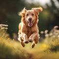 Joyful Golden Retriever Running and Jumping. Generative ai