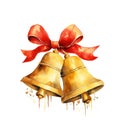 Joyful Golden Watercolor Christmas Bells with Red Ribbon Bow on White Background AI Generated