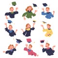 Joyful Graduate Characters Throwing Academic Cap Up in the Air Rejoicing and Celebrating Successful Exam Vector Set