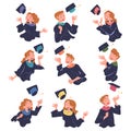 Joyful Graduate Characters Throwing Academic Cap Up in the Air Rejoicing and Celebrating Successful Exam Vector Set