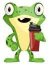 Joyful, green frog holding a cup of water, illustration, vector