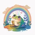 a joyful green frog sits in a swamp and a rainbow in the sky. cute reptile in nature. colorful day.