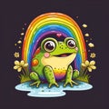 a joyful green frog sits in a swamp and a rainbow in the sky. cute reptile in nature. colorful day.
