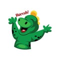 Joyful green monster saying Hurrah vector sticker illustration on a