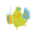 Joyful green parrot with glass of orange juice. Funny bird with bright feathers. Cartoon character. Flat vector icon Royalty Free Stock Photo