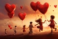 A joyful group of children delightedly running down a hill, each holding heart-shaped balloons, Children chasing after heart Royalty Free Stock Photo