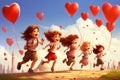A joyful group of children runs through a field, each carrying heart-shaped balloons, Children chasing after heart balloons on