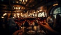 Joyful group of friends raising their wine glasses in celebration at a stylish restaurant Royalty Free Stock Photo