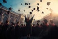 A joyful group of graduates celebrate their educational milestone by tossing their caps high into the air, Group of friends