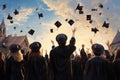 A joyful group of graduates celebrating their academic achievement by throwing their caps high into the air, Group of friends Royalty Free Stock Photo