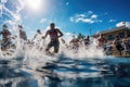 A joyful group of people having a blast while splashing around in the water, Competitors diving into the pool at a swim race start
