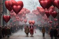 A joyful group of people walking together down a vibrant street, holding red balloons, love and celebration, A festive