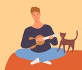 Joyful guy playing on ukulele and singing having fun with cat vector flat illustration. Male musician holding small