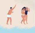 Joyful guy in swimwear greeting female in bikini on beach vector flat illustration. Friendly male hold cold beverage get