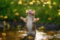 Joyful Hamster Bathing in Nature\'s Raindrops - Close-up Outdoor Shot