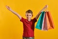 A joyful and happy buyer with colored bags in his hand shows his positive emotions from purchases. Baby with purchases on a yellow Royalty Free Stock Photo