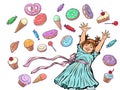 Joyful happy girl. Confectionery sweets candy cupcake donut cake ice cream. birthday background