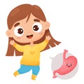 Joyful happy girl and healthy internal human organ stomach. Vector illustration. Cute female character and organ in