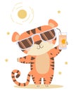 Joyful, happy, satisfied tiger with a Sunglasses and glass of cocktail while relaxing under the sun. Vector illustration Royalty Free Stock Photo