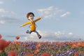 Joyful and happy school kid running on flower meadow in summer. Summer holiday concept.