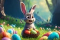 Joyful hare collects Easter eggs in the field