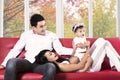 Joyful hispanic family on sofa Royalty Free Stock Photo