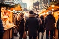Joyful Holiday Magic. Blurred Bokeh Lights Illuminate Vibrant Christmas Market with Festive Stalls