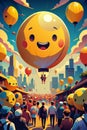 Joyful Hot Air Balloon Festival in Vibrant Cityscape World Emoji Day Royalty Free Stock Photo