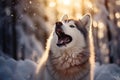 Joyful husky in snow, mouth agape, savoring the winter wonderland