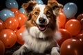 Joyful Jack Russell, cake, red tie, party hat, balloons white background celebration Royalty Free Stock Photo