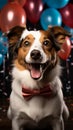 Joyful Jack Russell, cake, red tie, party hat, balloons white background celebration Royalty Free Stock Photo
