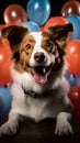 Joyful Jack Russell, cake, red tie, party hat, balloons white background celebration Royalty Free Stock Photo