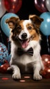 Joyful Jack Russell, cake, red tie, party hat, balloons white background celebration Royalty Free Stock Photo