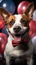 Joyful Jack Russell, cake, red tie, party hat, balloons white background celebration Royalty Free Stock Photo