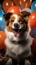 Joyful Jack Russell, cake, red tie, party hat, balloons white background celebration Royalty Free Stock Photo