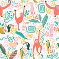 Joyful jungle vector pattern repeat. Tropical birds, orangutan and sloth monkeys with snakes and lots of greenery