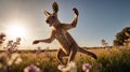 Playful Kangaroo Dancing in a Wildflower Meadow at Sunset with Golden Light Royalty Free Stock Photo