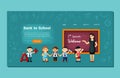 Joyful kids back to school landing page. Cheerful students return to school in new academic year meeting with friends