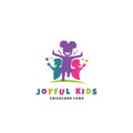 Joyful kids childcare logo template with running happy kids silhouette Royalty Free Stock Photo