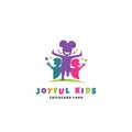 Joyful kids childcare logo template with running happy kids silhouette