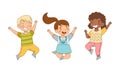 Joyful kids jumping together set. Cute smiling boys playing and having fun cartoon vector illustration