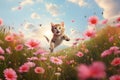 Joyful kitten is flying above a meadow with many flowers