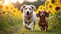 Joyful Labrador dachshund running amidst sunflowers under radiant sun