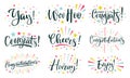 Joyful lettering. Congratulations text, cheers and hooray calligraphic inscription. Congrats, enjoy and woo hoo template