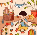 Joyful little baby boy playing with colorful toy at nursery room vector flat illustration. Smiling child sitting on