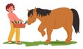 Joyful Little Boy Character Feeds A Pony With Crunchy Carrots In A Sunlit Summer Field, Creating A Heartwarming Scene